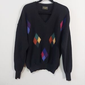 Tumi Men Argyle Alpaca Sweater Size XL Preppy Retro Campus 90s V-neck Pullover